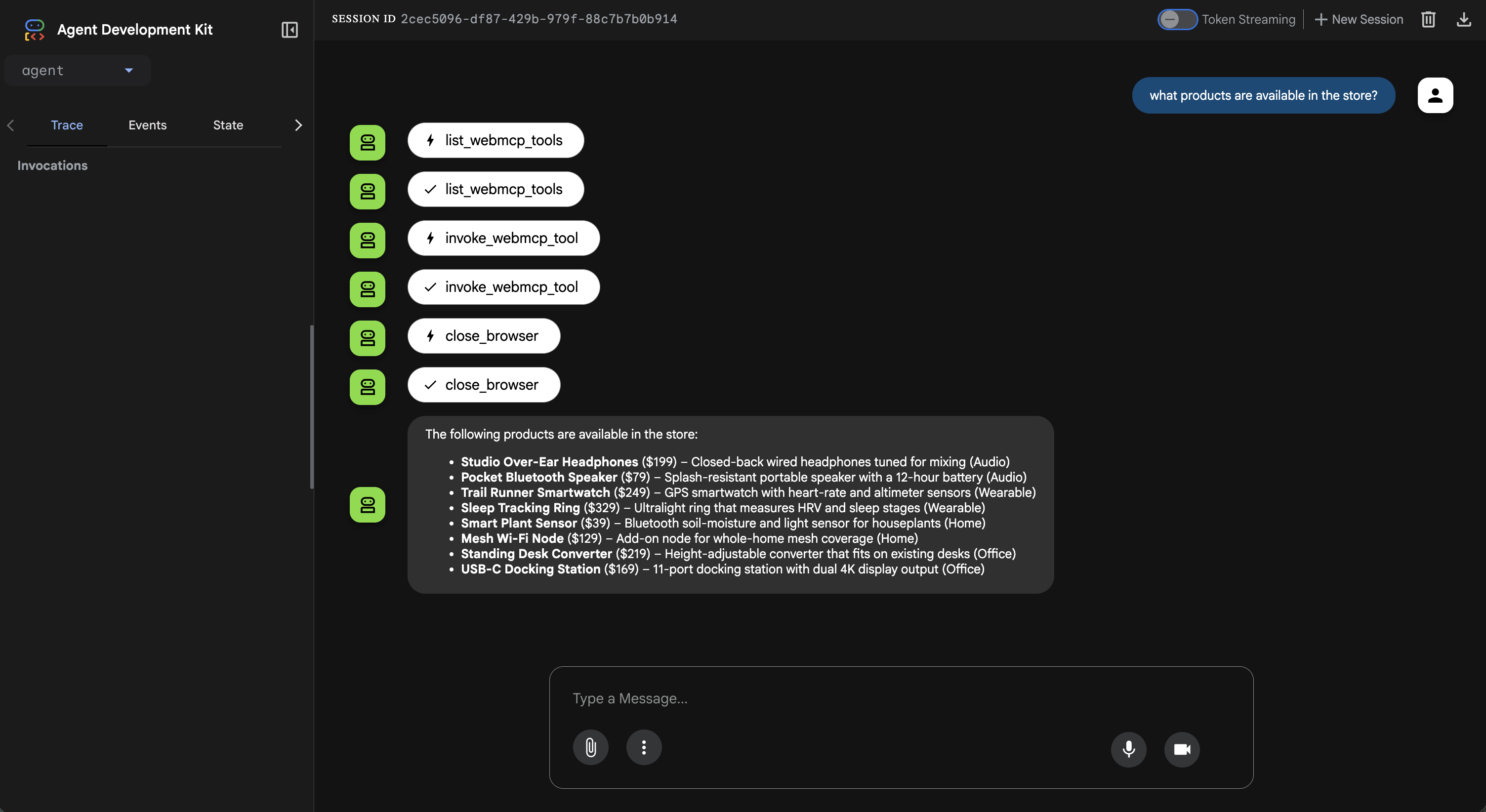 The ADK web UI answering 'what products are available in the store?'. The trace shows the agent's tool calls in order: list_webmcp_tools, invoke_webmcp_tool, and close_browser - each marked complete - followed by a grounded answer listing the store's products with prices.
